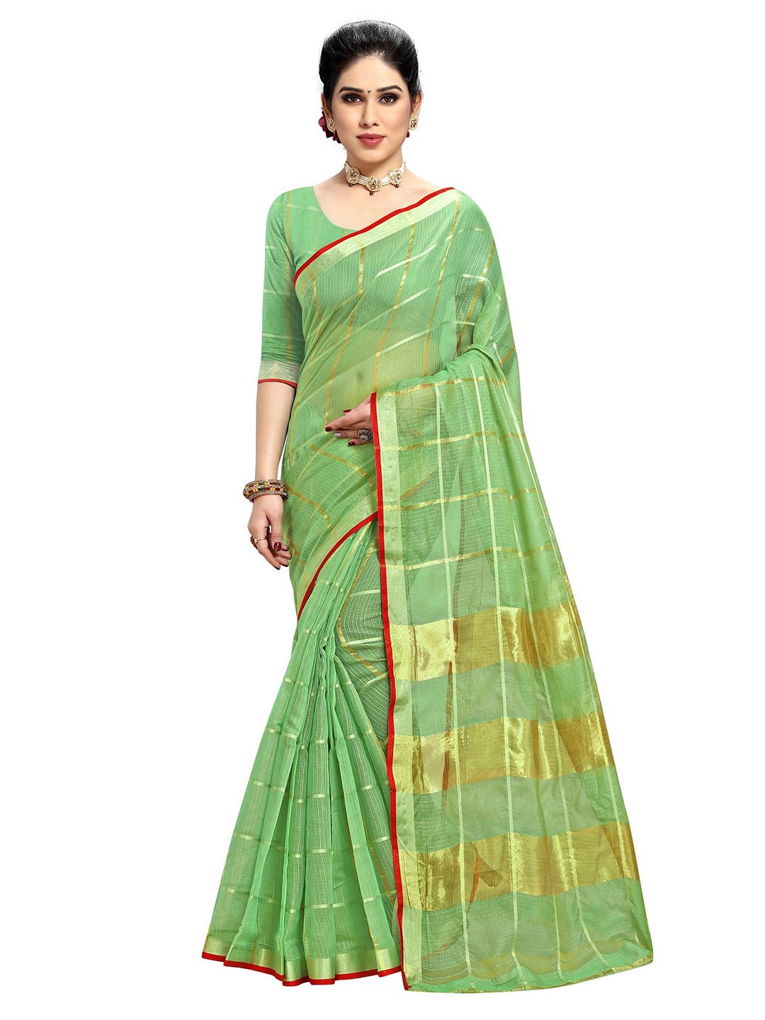 Sidhidata Green & Gold-Toned Checked Zari Kota Saree