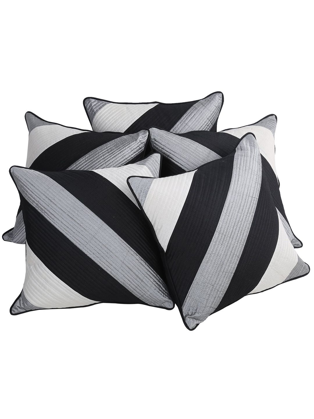 Clasiko Black & Grey Set of 5 Striped Square Cushion Covers Price in India