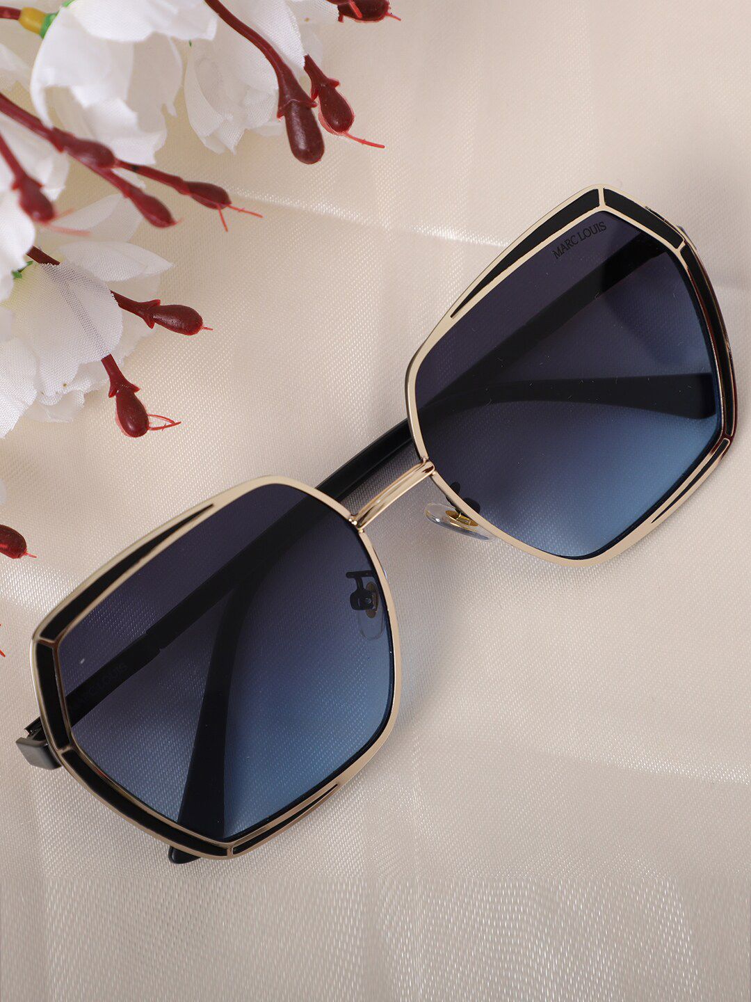 MARC LOUIS Women Blue Lens & Gold-Toned Square Sunglasses with UV Protected Lens Price in India