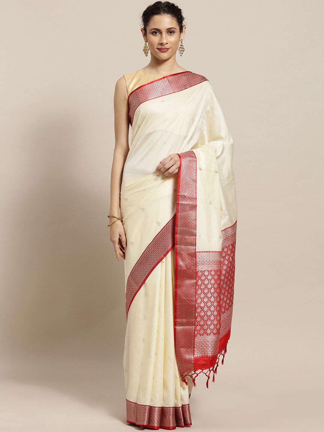 Varkala Silk Sarees Off White & Red Zari Silk Blend Kanjeevaram Saree Price in India