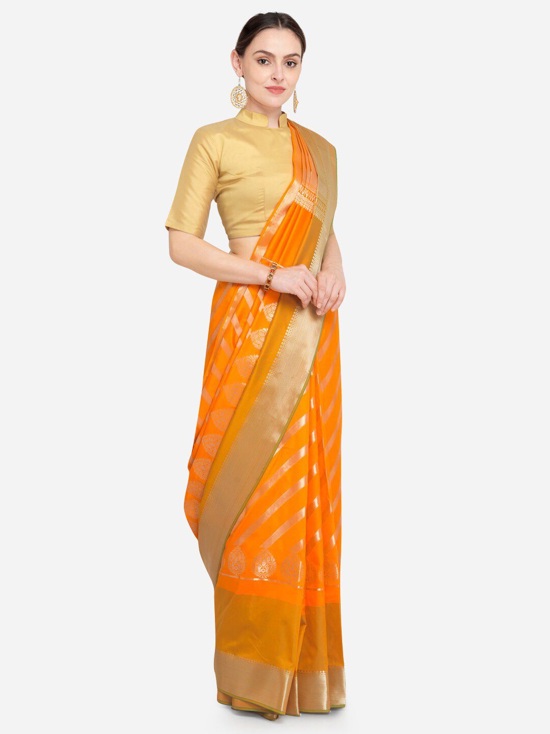 Varkala Silk Sarees Orange & Gold-Toned Zari Silk Blend Leheriya Saree Price in India