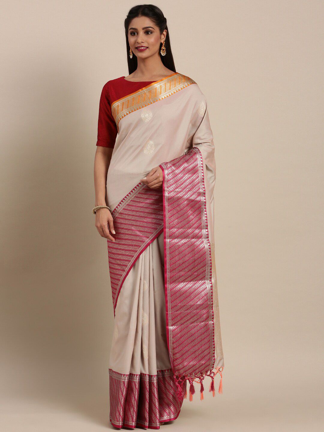 Varkala Silk Sarees Gunmetal-Toned & Pink Zari Silk Blend Kanjeevaram Saree Price in India