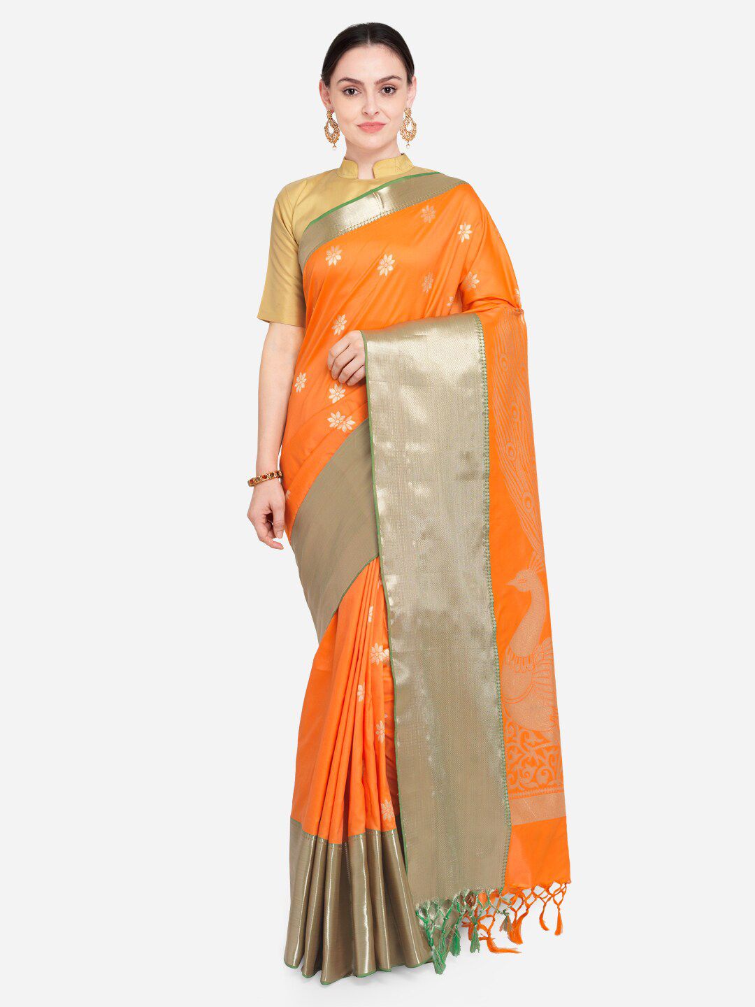 Varkala Silk Sarees Orange & White Zari Silk Blend Paithani Saree Price in India