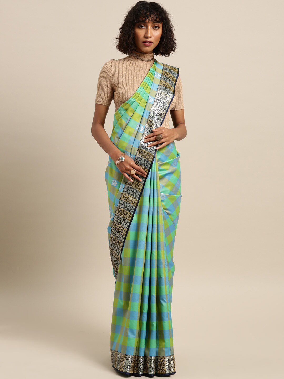 Varkala Silk Sarees Teal & Gold-Toned Checked Zari Silk Blend Kanjeevaram Saree Price in India