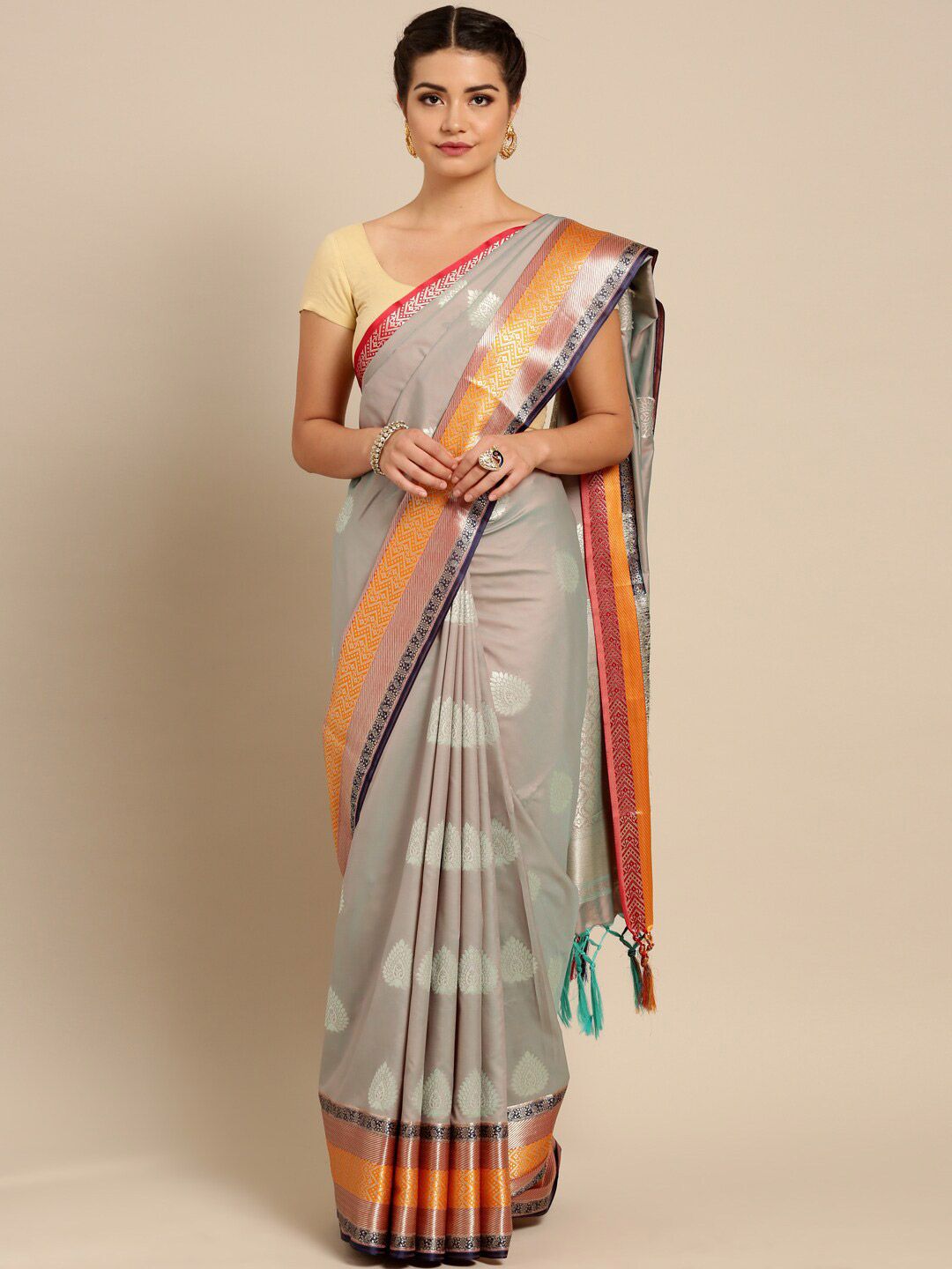 Varkala Silk Sarees Grey & Orange Paisley Zari Silk Blend Banarasi Saree Price in India