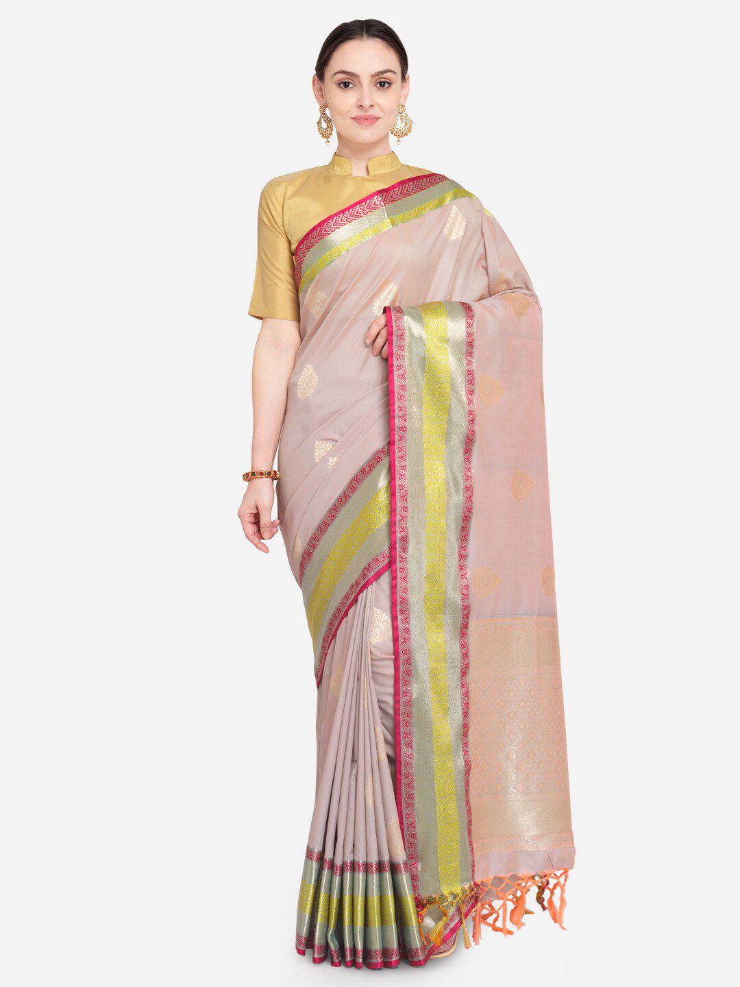 Varkala Silk Sarees Lavender & Red Paisley Zari Silk Blend Banarasi Saree Price in India