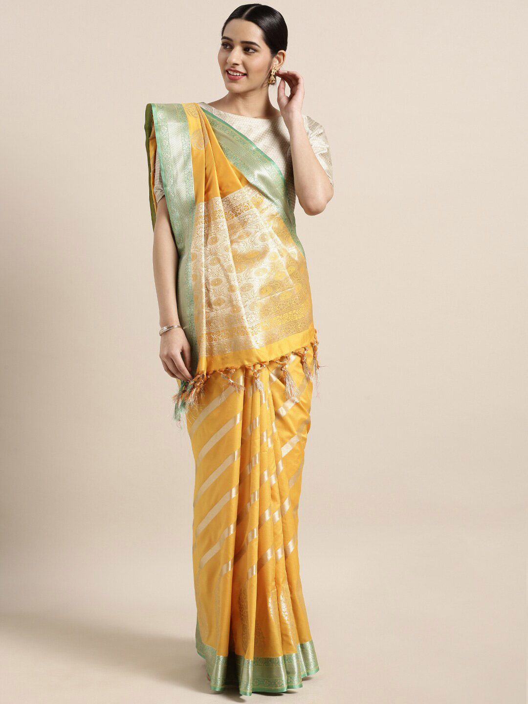 Varkala Silk Sarees Mustard & Green Leheriya Zari Silk Blend Leheriya Saree Price in India