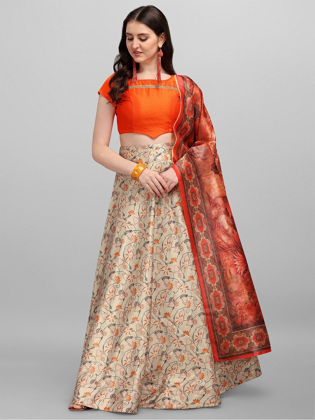 Fashion Basket Beige & Red Semi-Stitched Lehenga & Unstitched Blouse With Dupatta Price in India