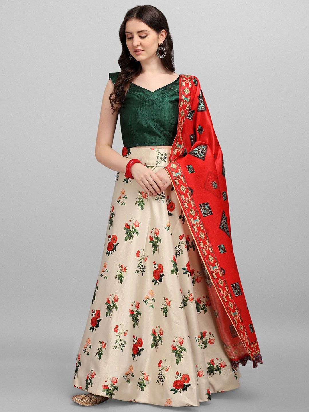 Fashion Basket Beige & Red Semi-Stitched Lehenga & Unstitched Blouse With Dupatta Price in India