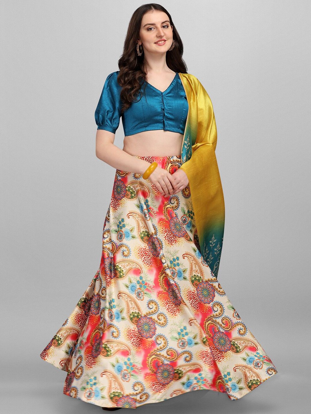 Fashion Basket Beige & Blue Semi-Stitched Lehenga & Unstitched Blouse With Dupatta Price in India