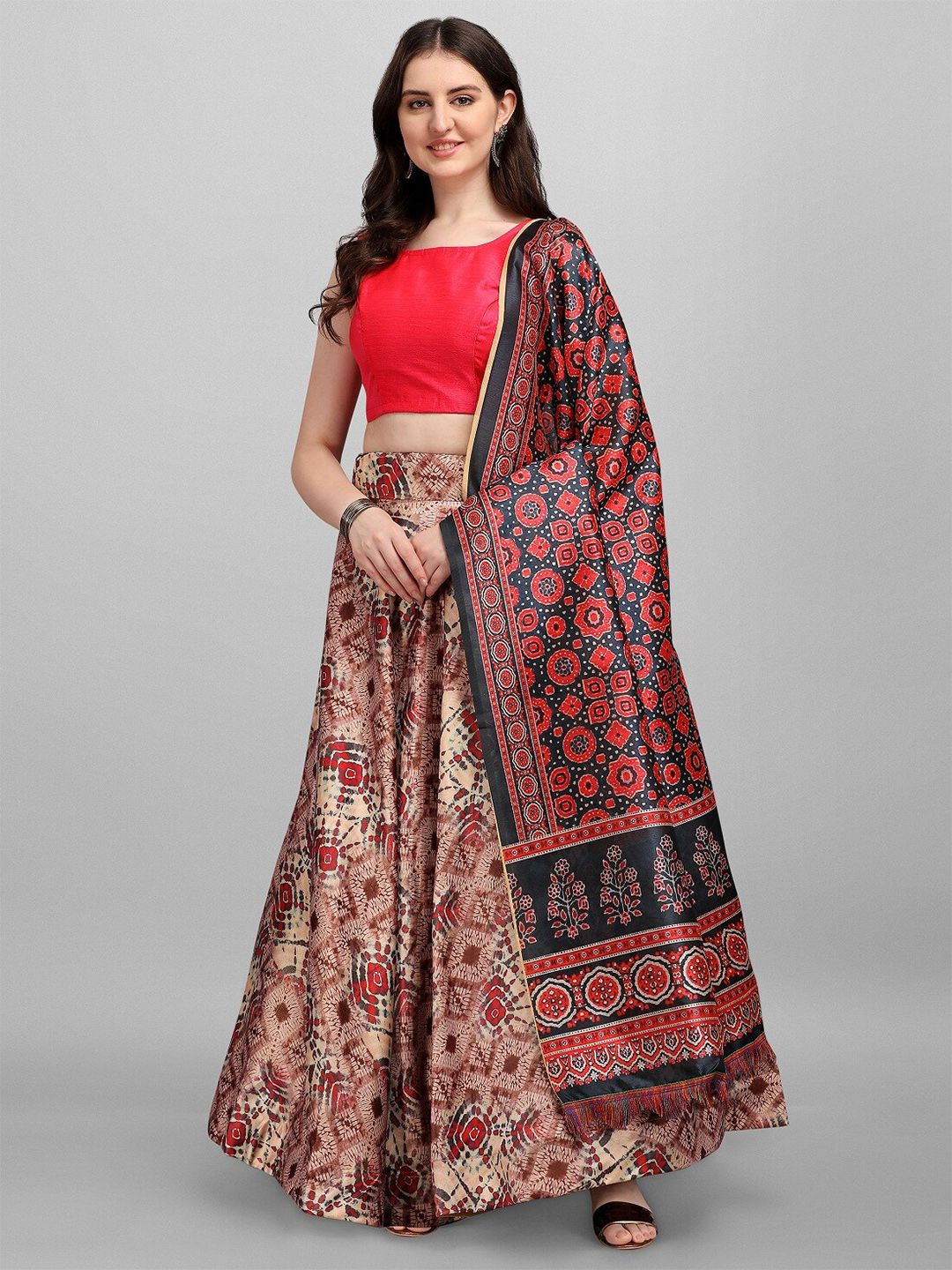 Fashion Basket Beige & Red Semi-Stitched Lehenga & Unstitched Blouse With Dupatta Price in India