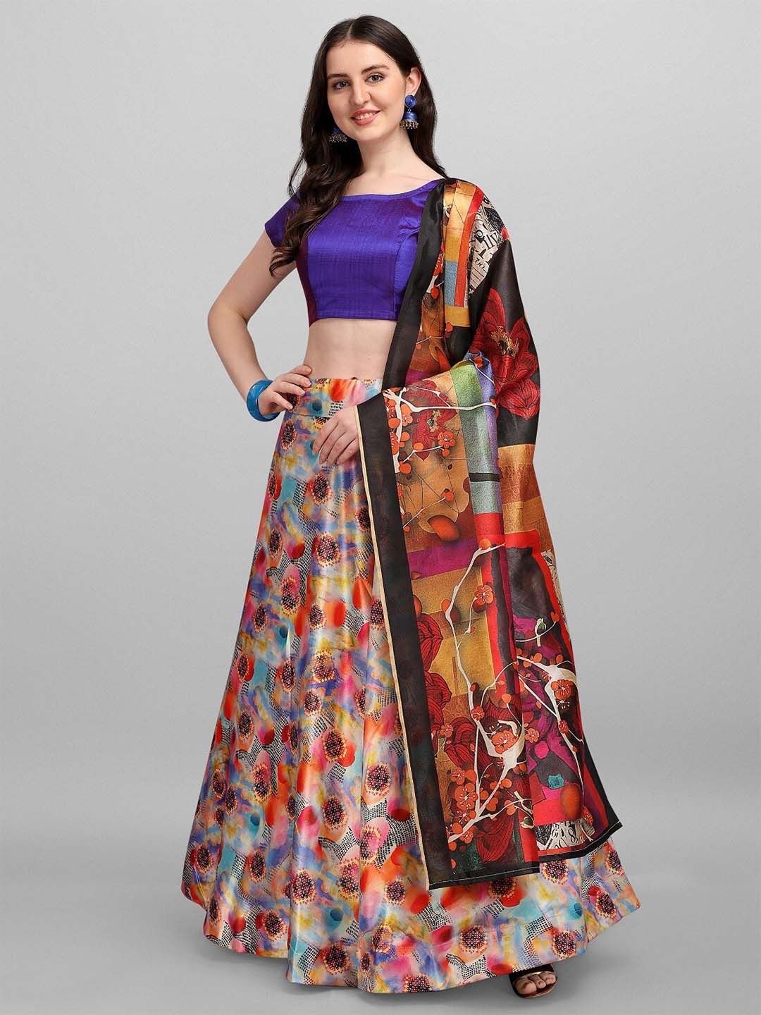 Fashion Basket Blue & Red Semi-Stitched Lehenga & Unstitched Blouse With Dupatta Price in India