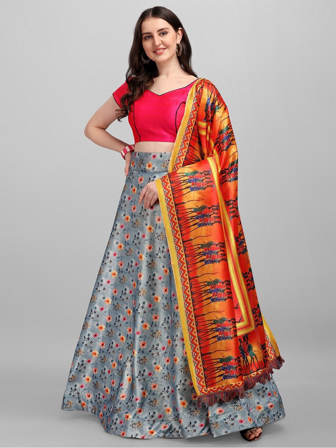 Fashion Basket Grey & Red Semi-Stitched Lehenga & Unstitched Blouse With Dupatta Price in India
