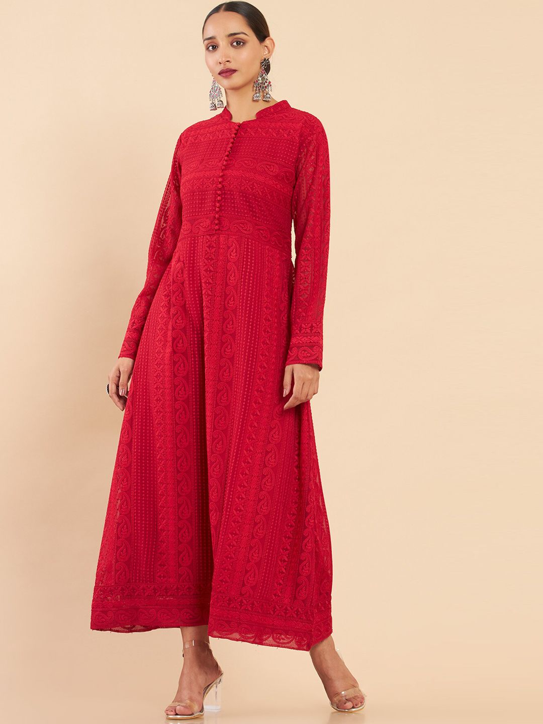 Soch Women Red Thread Work Georgette Anarkali Kurta Price in India