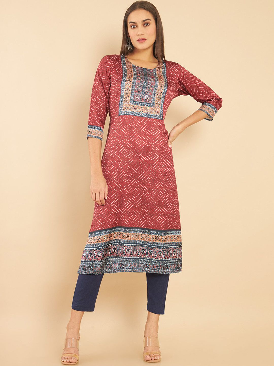 Soch Women Rust Geometric Printed Gotta Patti Kurta