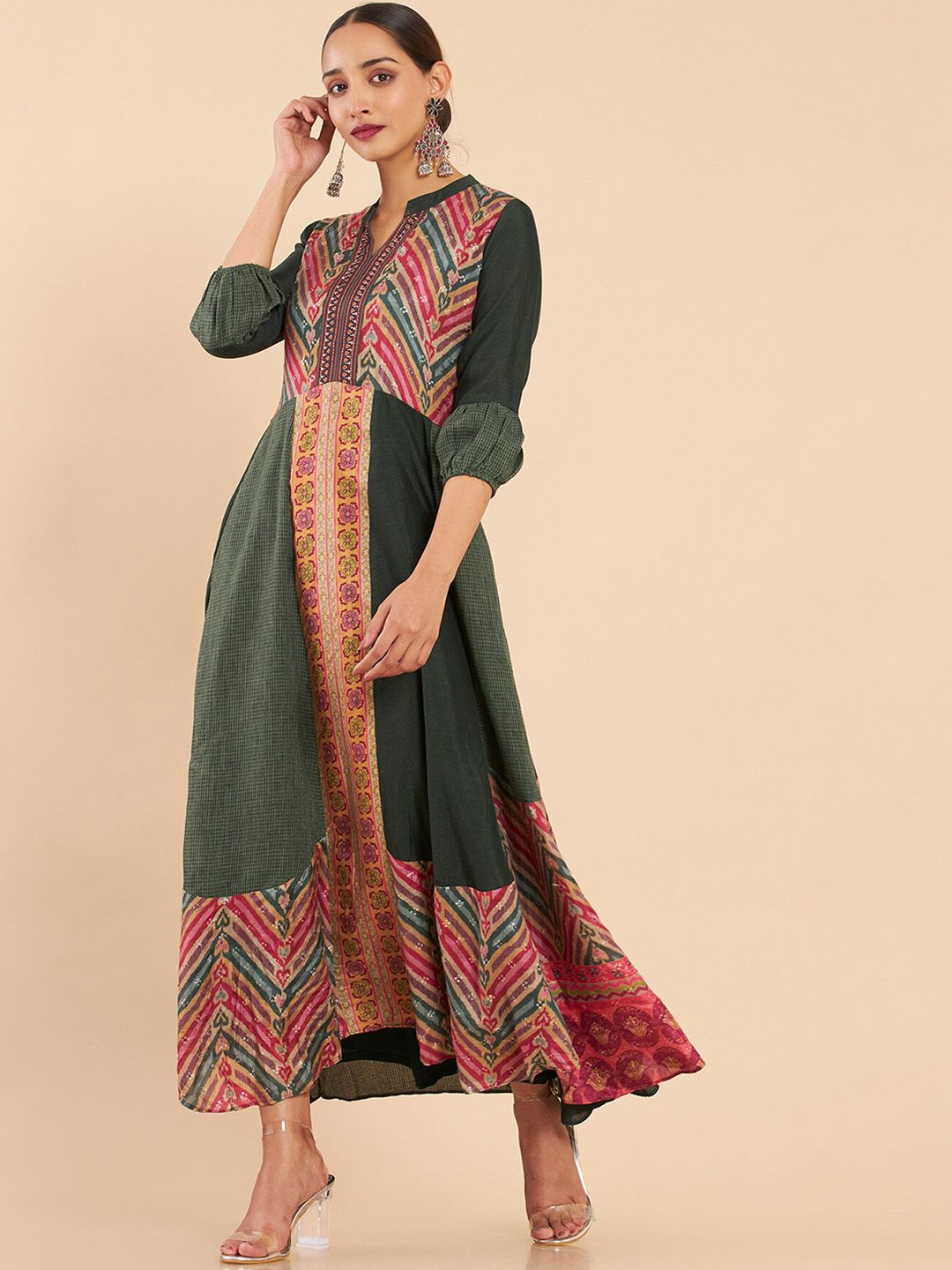 Soch Women Green Ethnic Motifs Printed Thread Work Anarkali Kurta