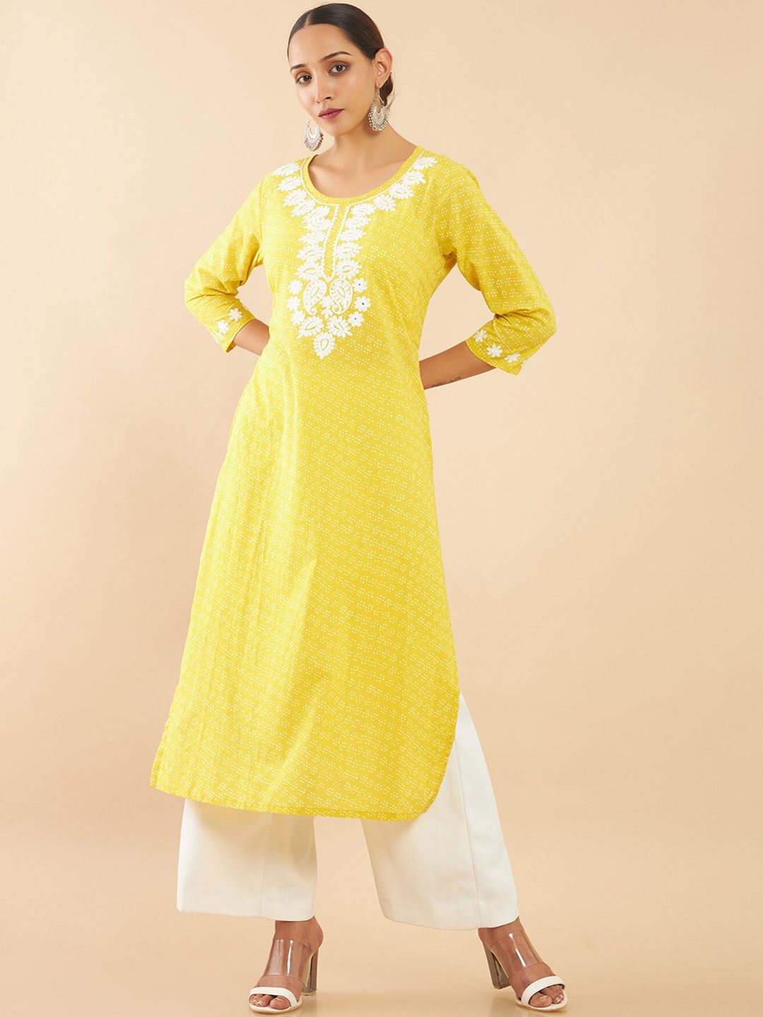 Soch Women Yellow Floral Yoke Design Flared Sleeves Thread Work Kurta Price in India