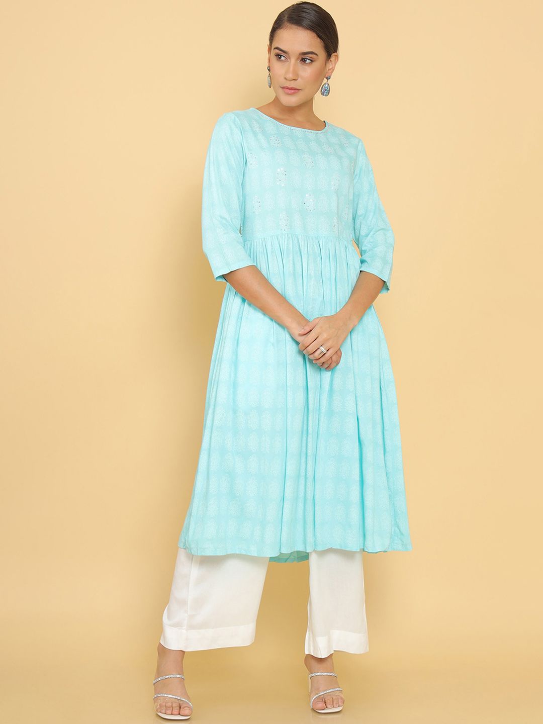 Soch Women Blue Flared Sleeves Gotta Patti Anarkali Kurta Price in India