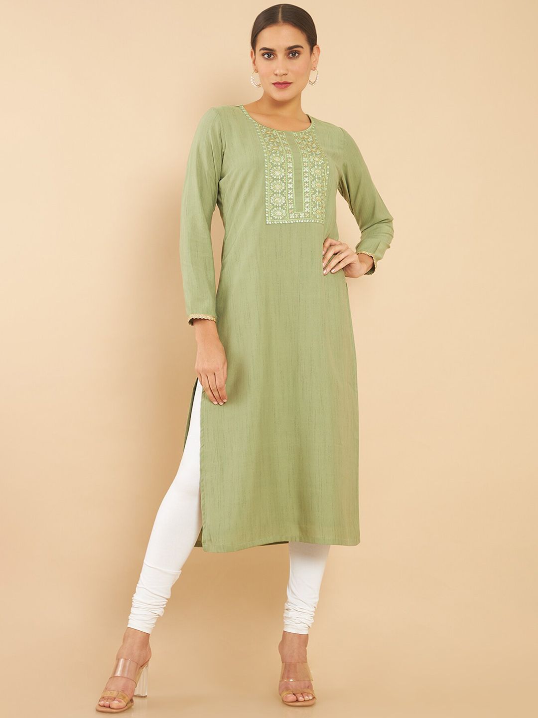Soch Women Green Yoke Design Flared Sleeves Thread Work Kurta Price in India