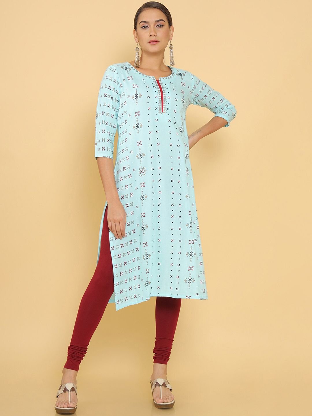 Soch Women Blue Geometric Checked Keyhole Neck Flared Sleeves Thread Work Kurta Price in India