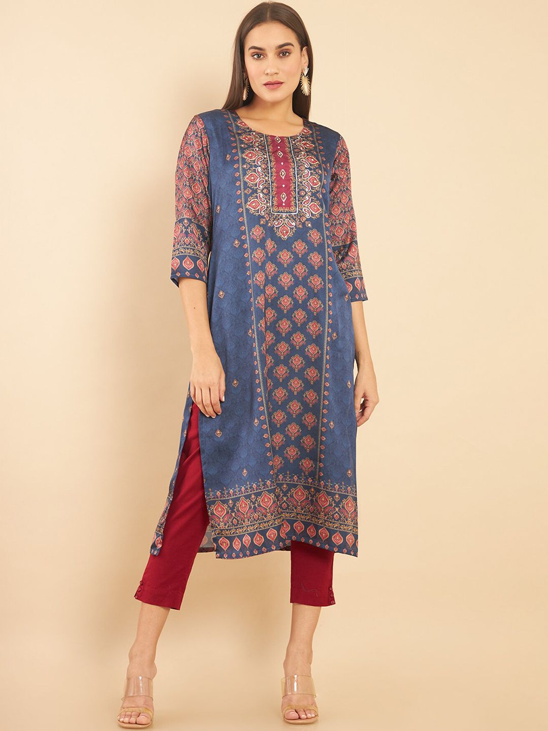 Soch Women Blue Ethnic Motifs Embroidered Flared Sleeves Kurta Price in India