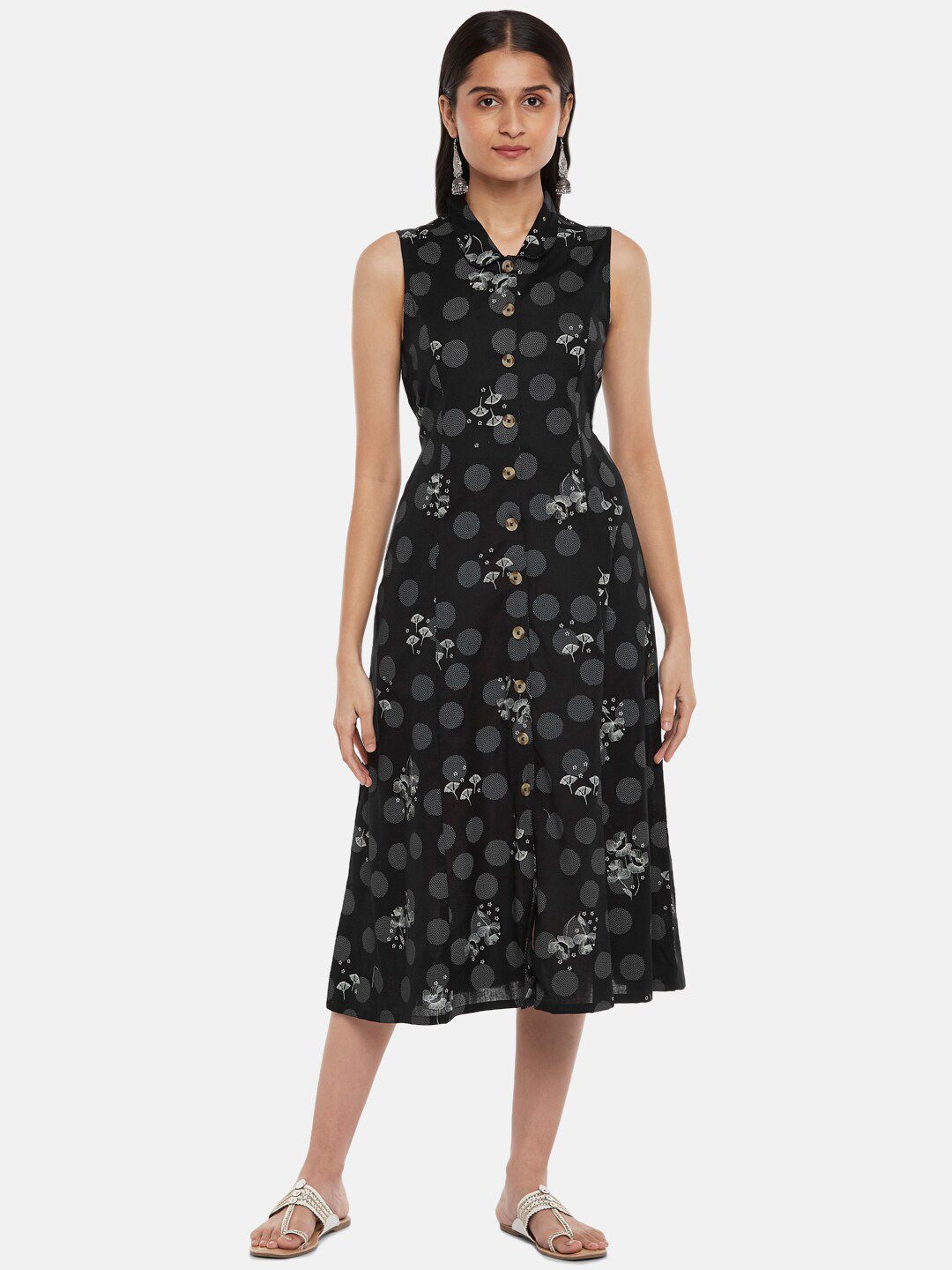 AKKRITI BY PANTALOONS Women Black Cotton Floral Shirt Midi Dress Price in India