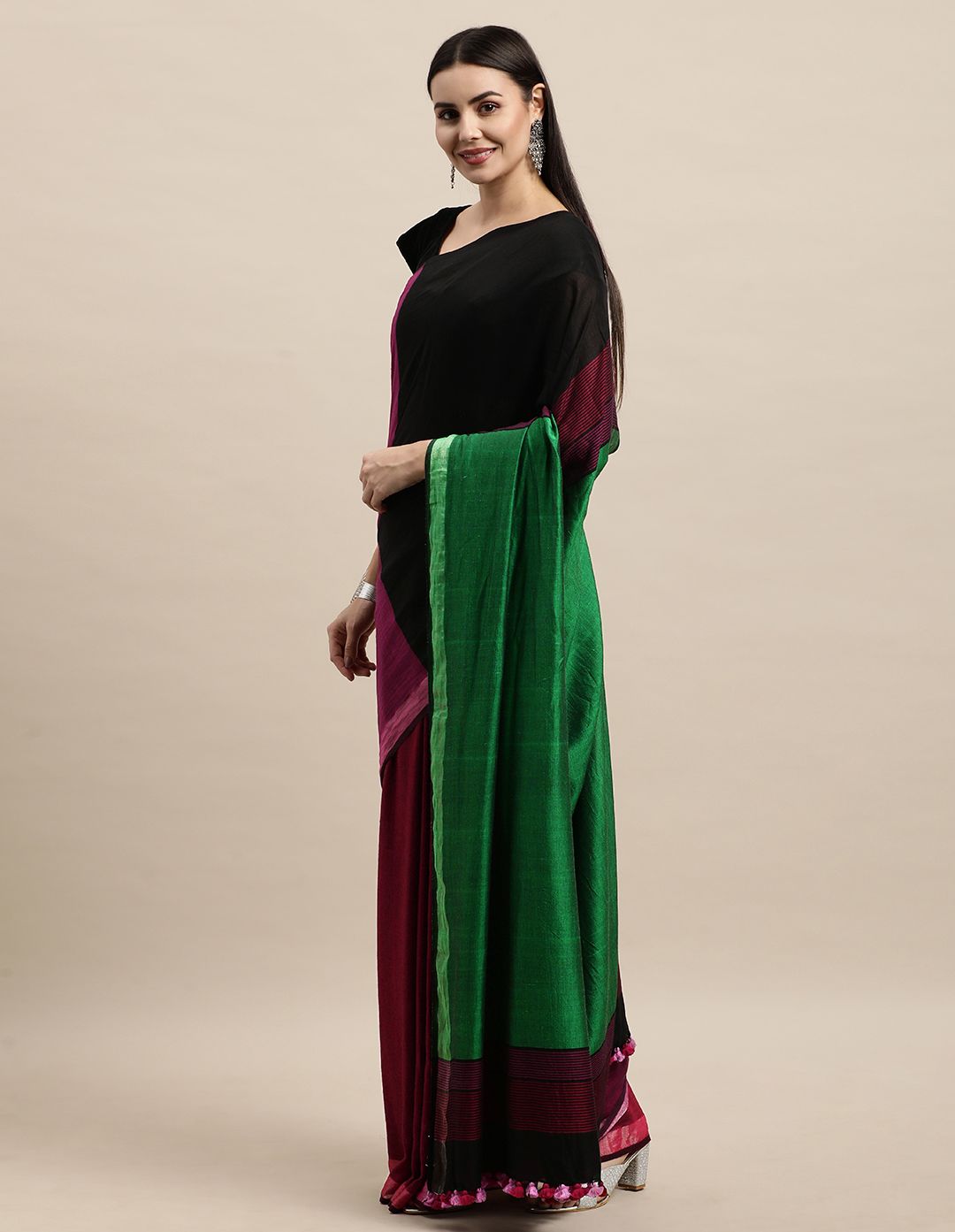 ArtEastri Maroon & Green Colourblocked Pure Cotton Saree