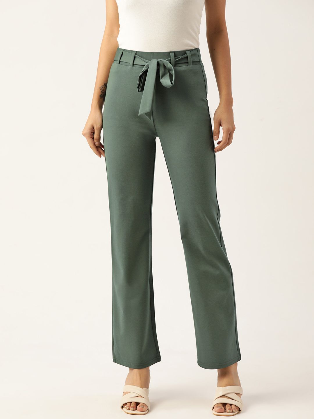 BROOWL Women Olive Green Relaxed Straight Leg Straight Fit Wrinkle Free Trousers Price in India