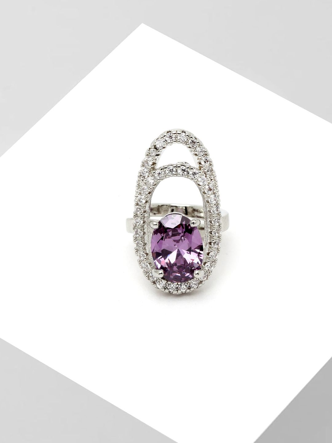 AVANT-GARDE PARIS Platinum-Plated Silver-Toned Purple CZ Studded Finger Ring Price in India
