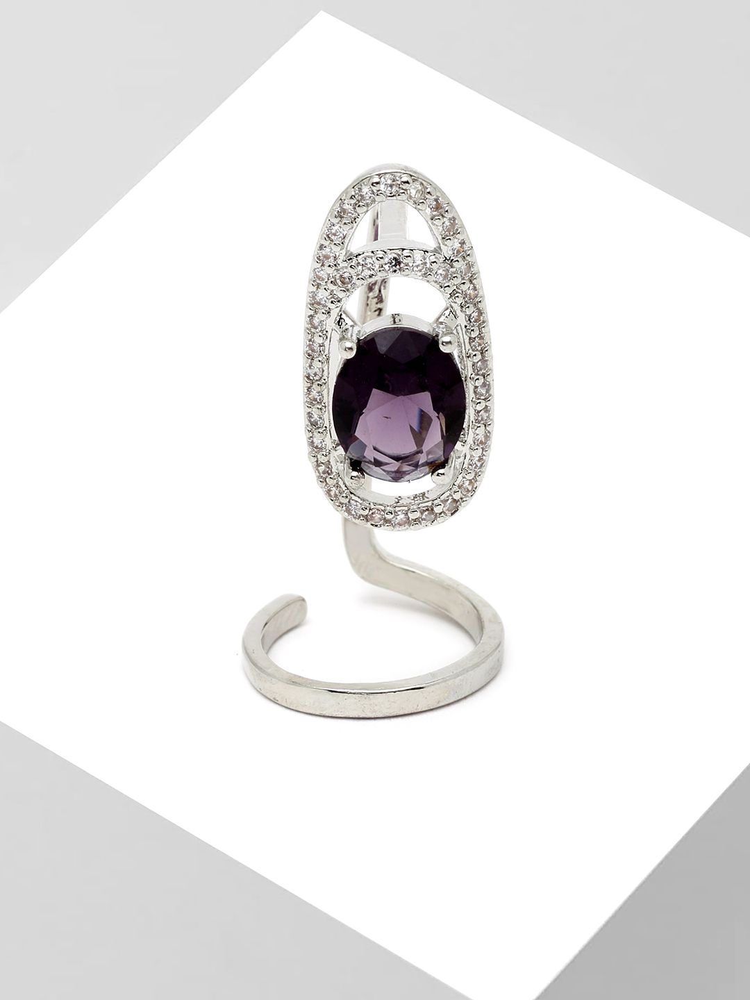AVANT-GARDE PARIS Platinum-Plated Silver-Toned Purple Cubic Zirconia Studded Nail Ring Price in India