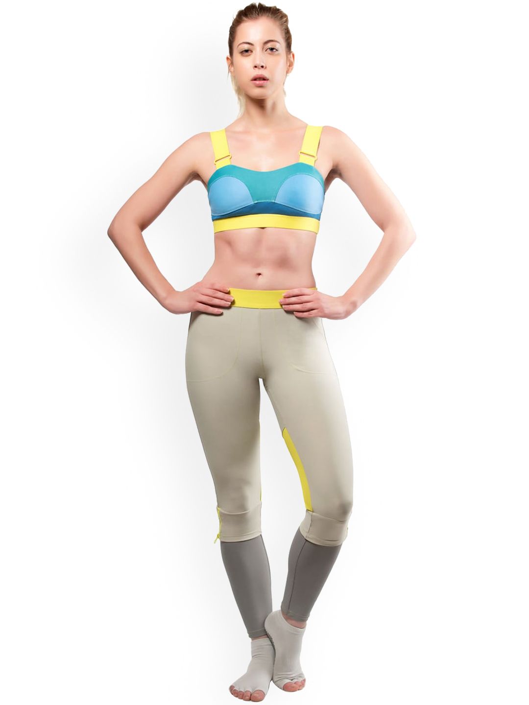 Wearjukebox Yellow & Blue Removable Padded & Non Wired Solid Workout Bra Price in India