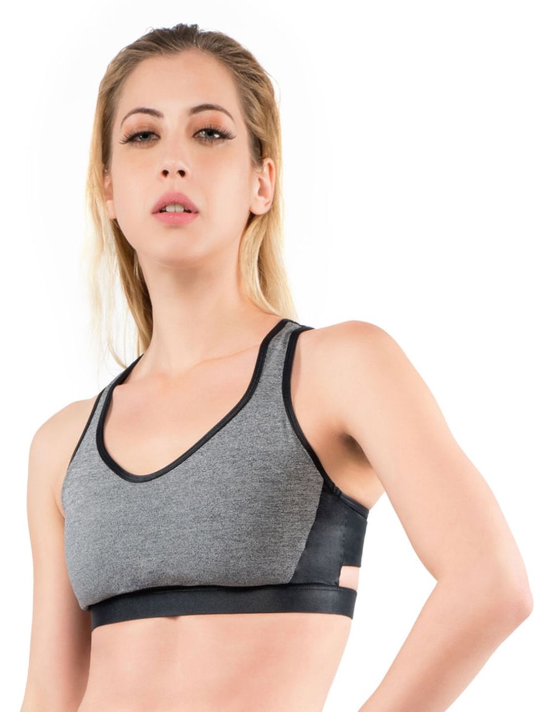 Wearjukebox Black & Grey Cut and Sew Non-Wired Workout Sports Bra Price in India