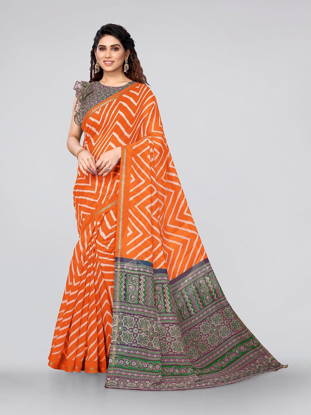 MIRCHI FASHION Orange & Grey Zari Leheriya Saree