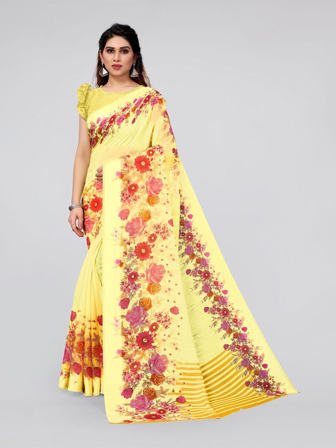 MIRCHI FASHION Yellow & Red Floral Saree