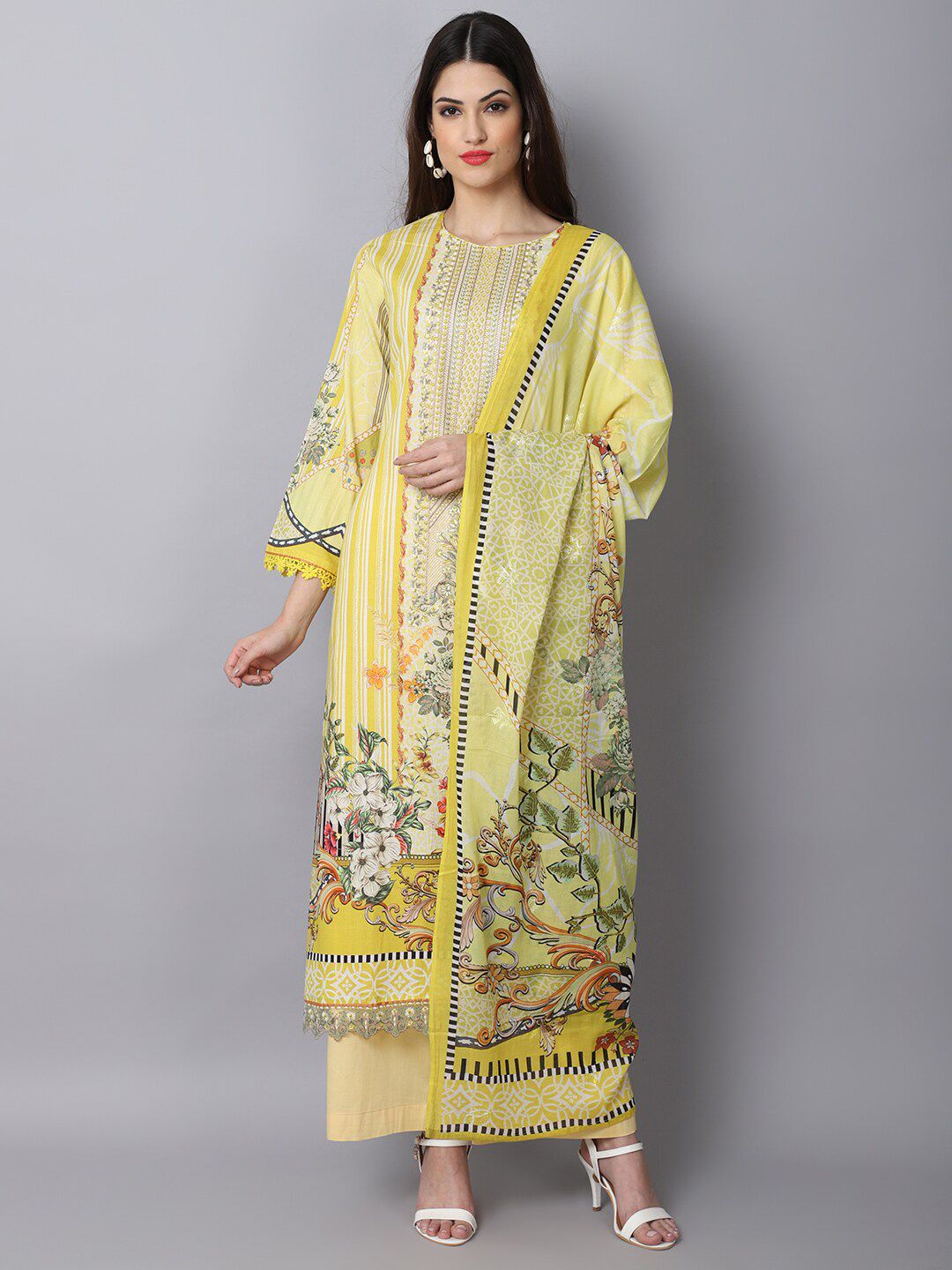Stylee LIFESTYLE Women Yellow & Black Embroidered Unstitched Dress Material Price in India
