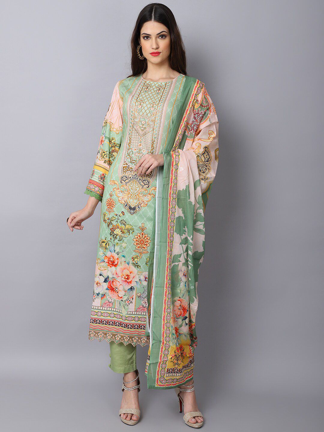 Stylee LIFESTYLE Green & Pink Unstitched Dress Material Price in India