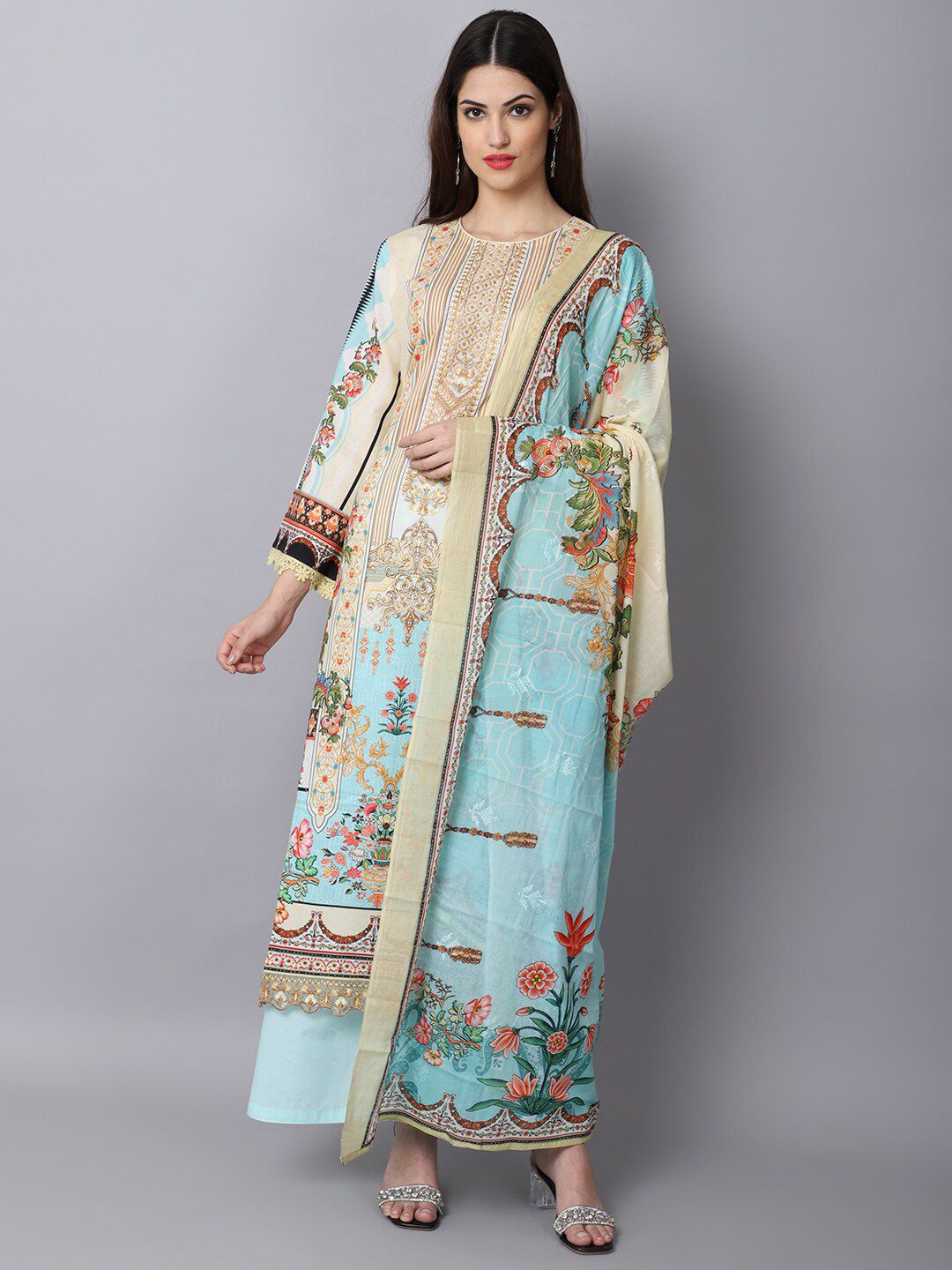 Stylee LIFESTYLE Women Cream-Coloured & Blue Printed Unstitched Dress Material Price in India