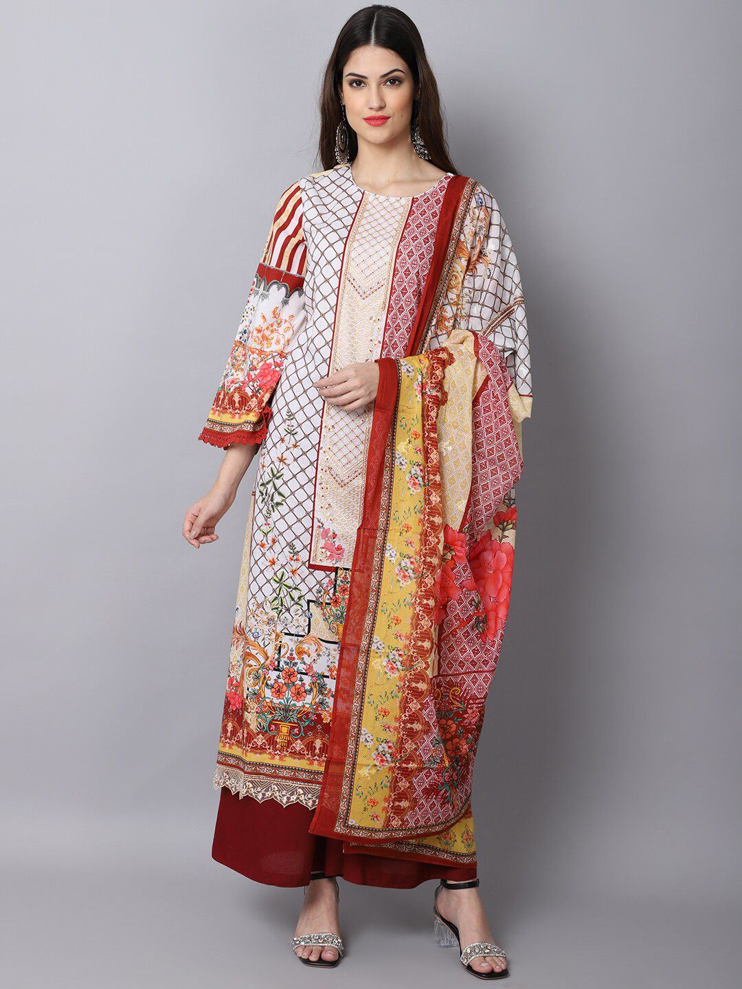 Stylee LIFESTYLE Off White & Maroon Printed Unstitched Dress Material Price in India