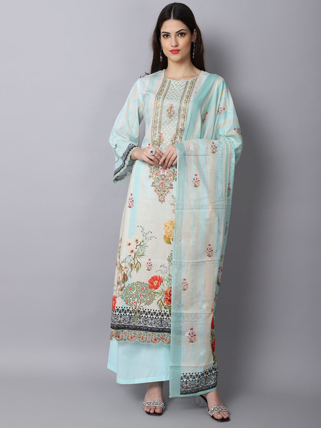 Stylee LIFESTYLE Cream-Coloured & Blue Printed Unstitched Dress Material Price in India