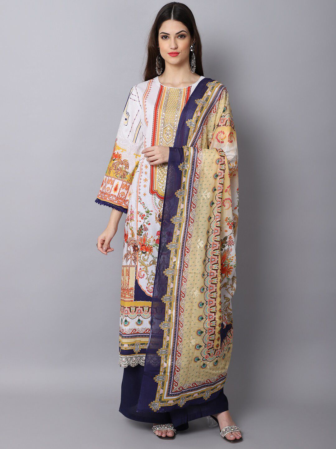 Stylee LIFESTYLE Off White & Navy Blue Printed Unstitched Dress Material Price in India