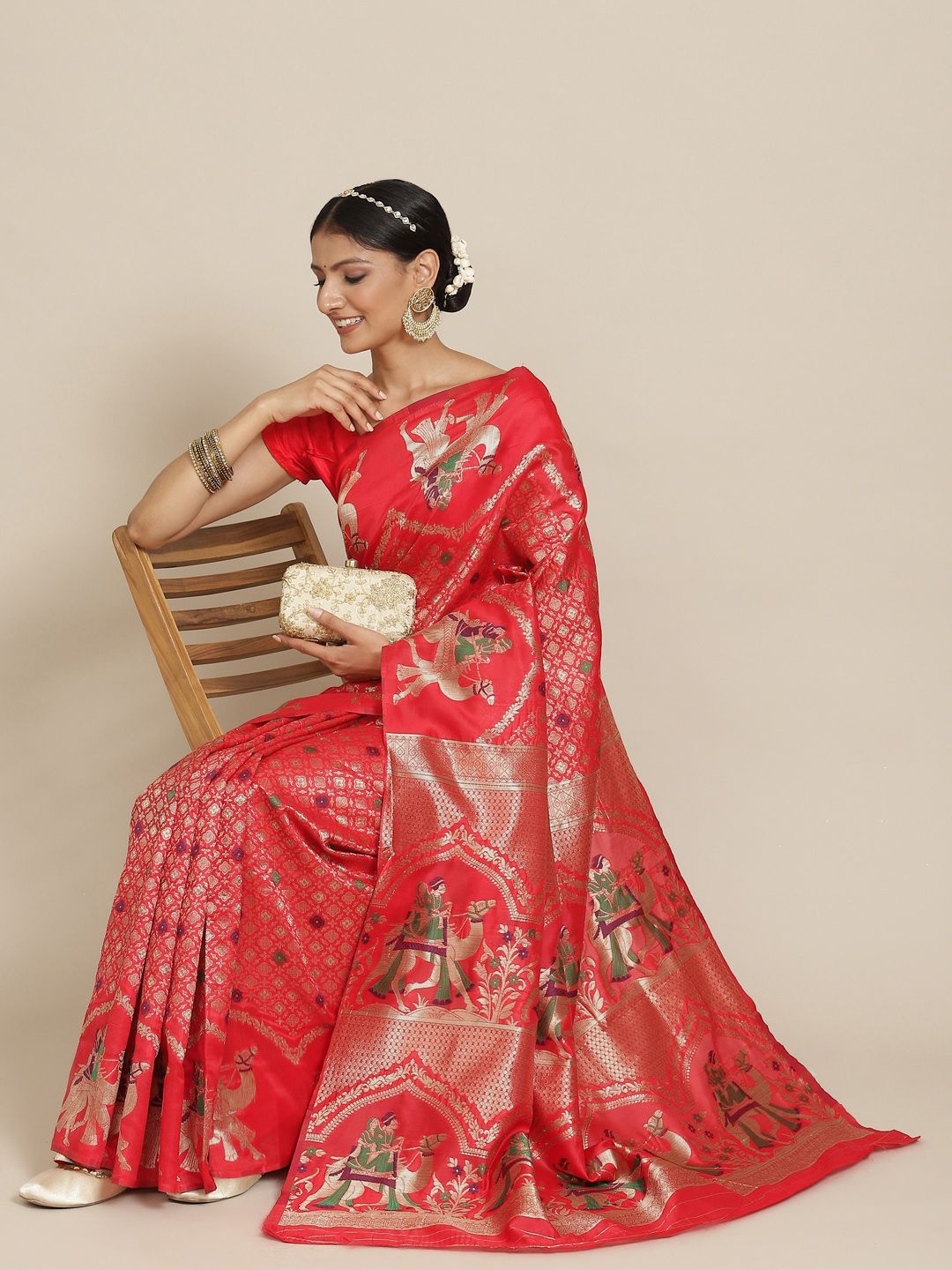 Tikhi Imli Red & Gold-Toned Ethnic Motifs Zari Silk Blend Kanjeevaram Saree