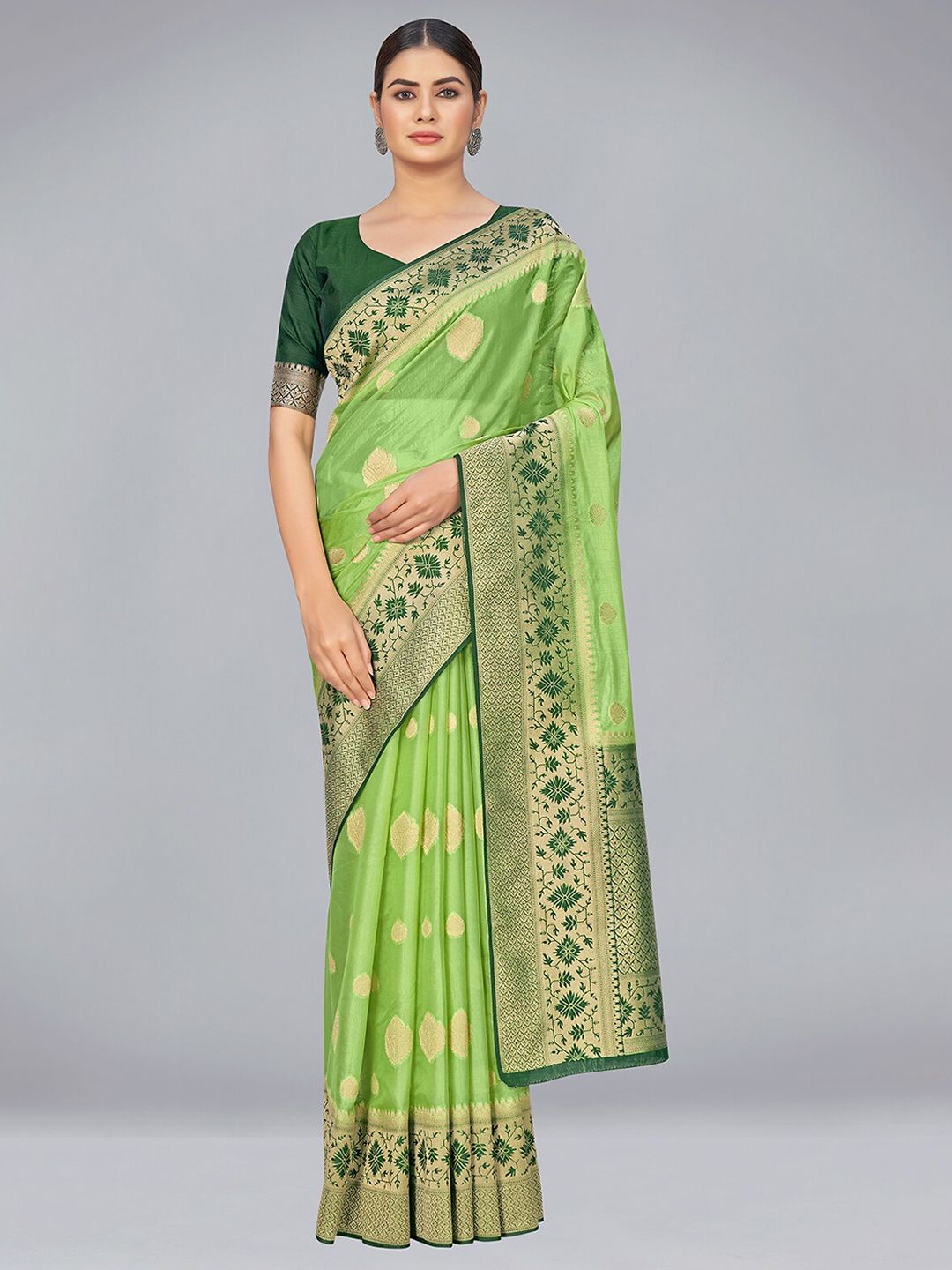 MONJOLIKA FASHION Green & Lime Green Woven Design Zari Organza Banarasi Saree