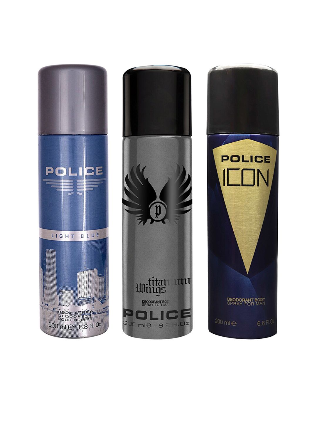 Police Men Set of 3 Deodorants Light Blue, Wings Titanium & Icon - 200ml each