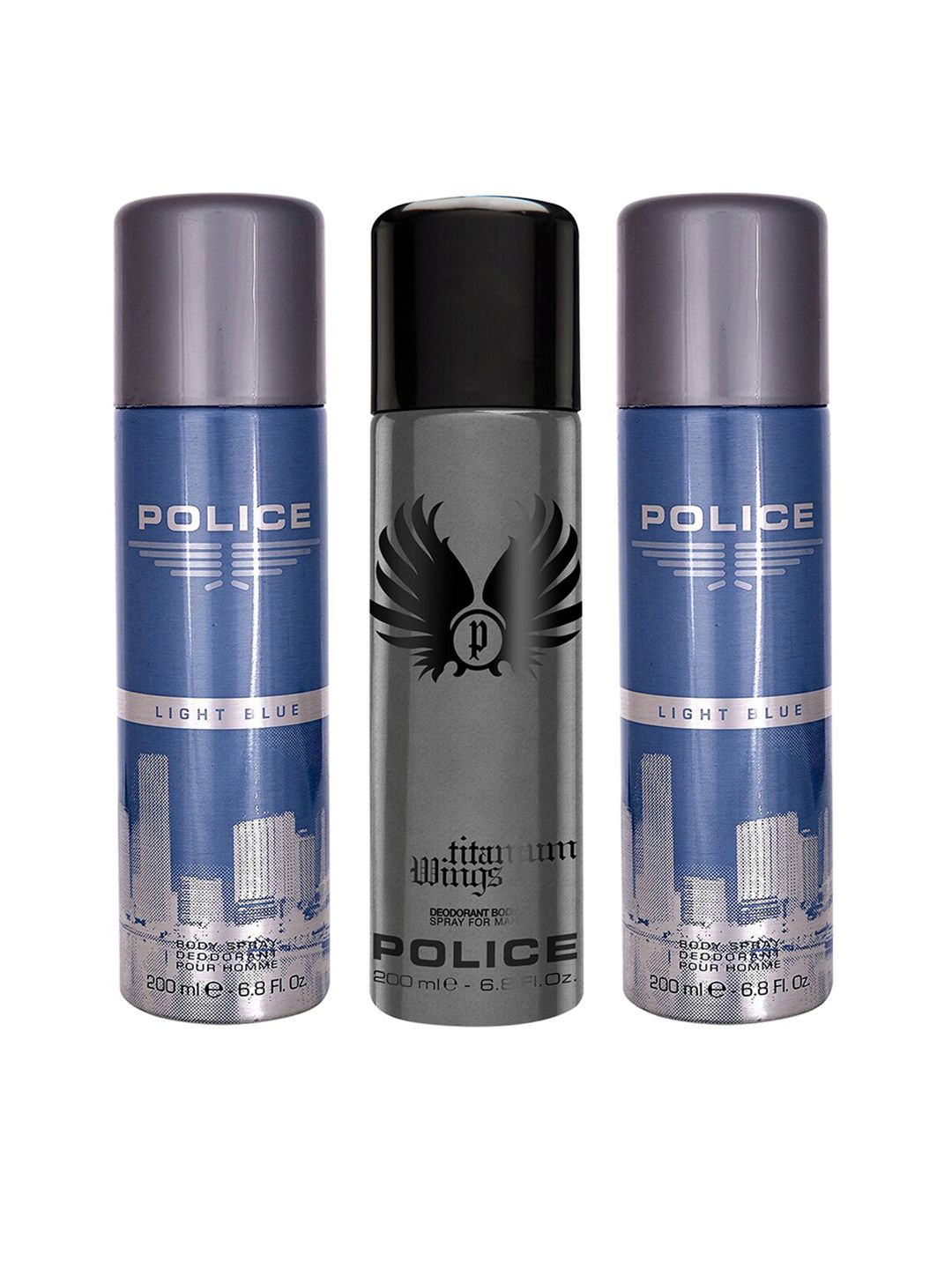 Police Men Set of 3 Deodorants - 2 Light Blue + Titanium Wings - 200 ml Each
