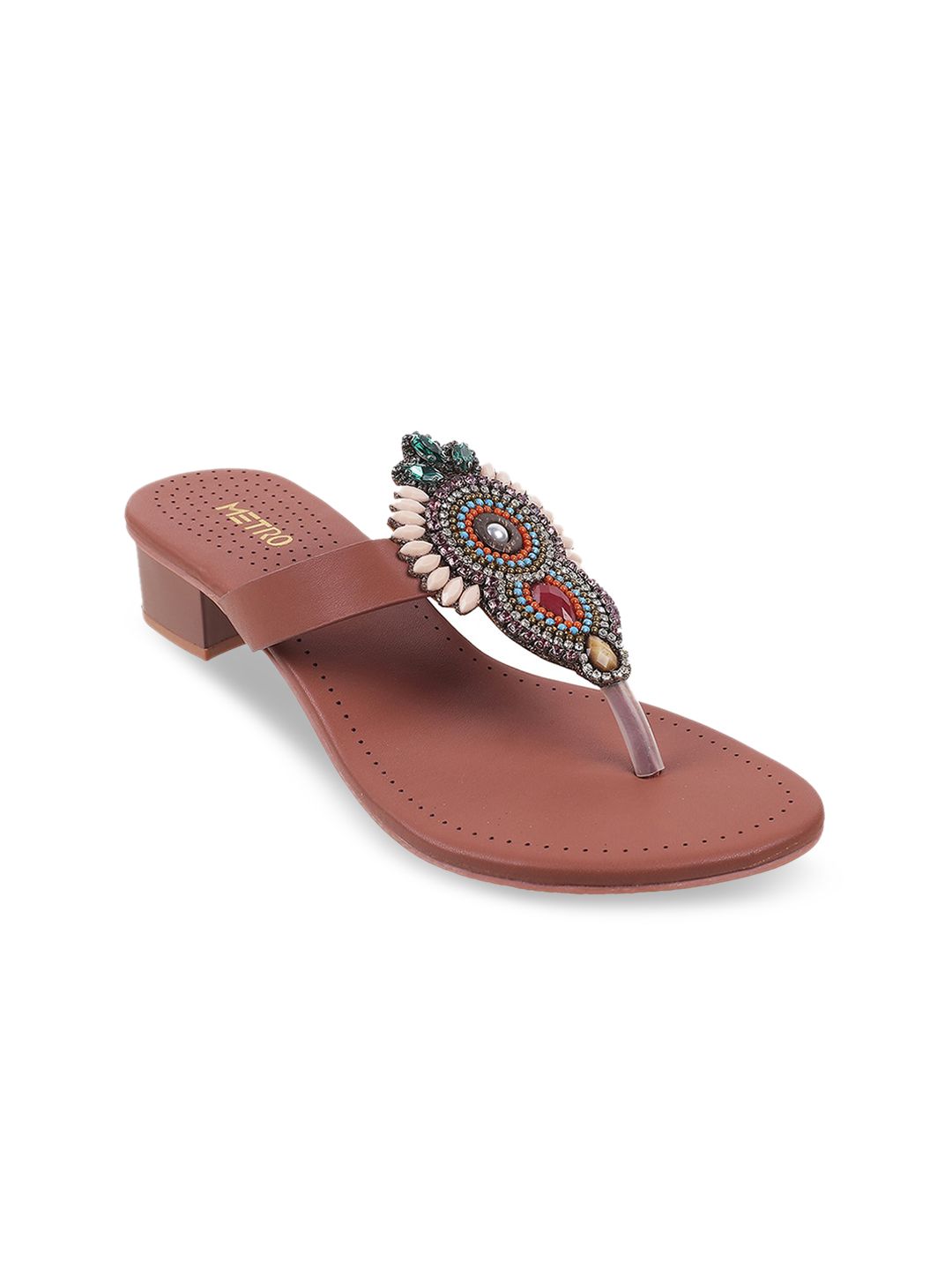 Metro Peach-Coloured Embellished Block Sandals Price in India