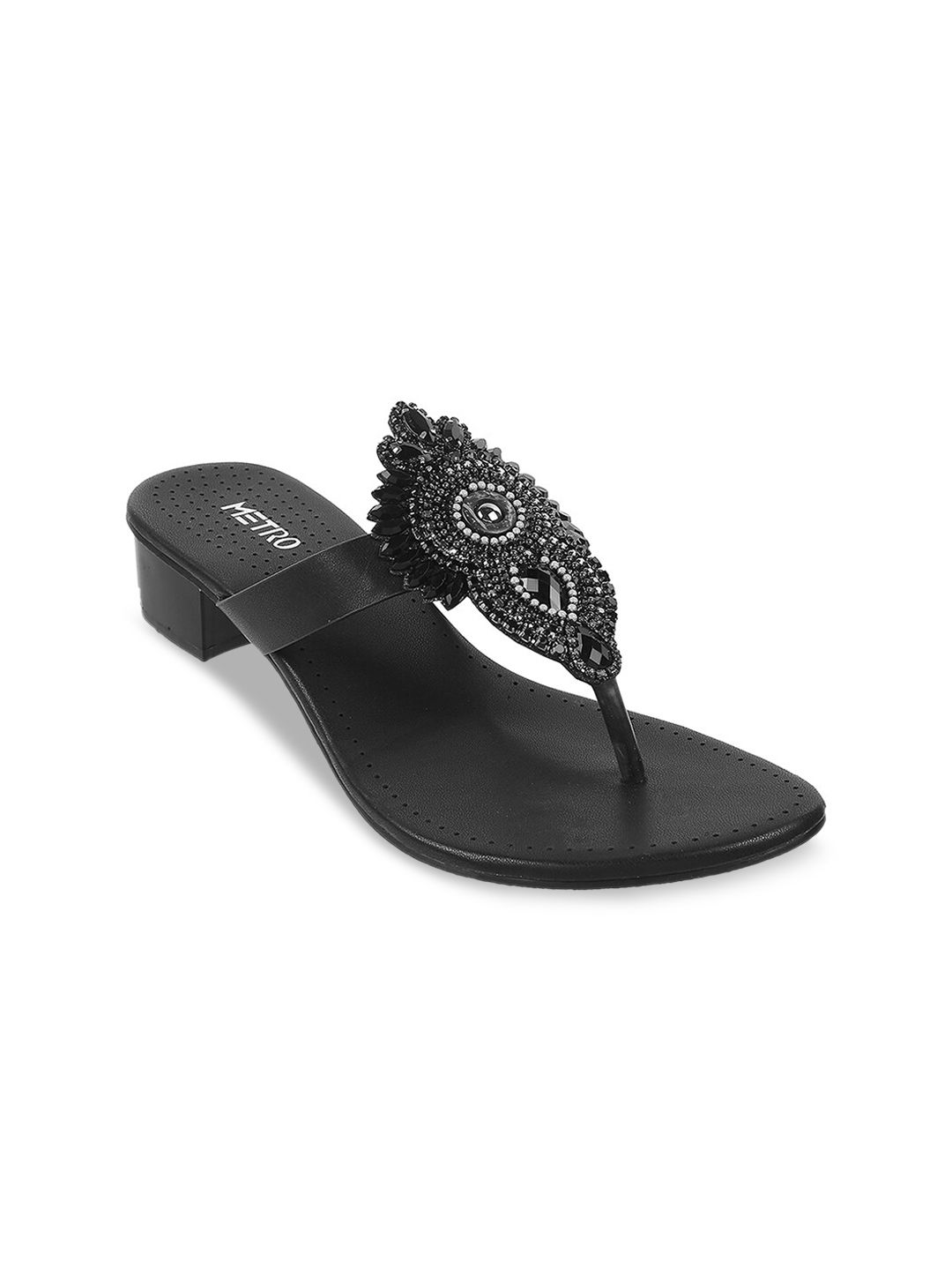 Metro Black Embellished Block Sandals Price in India