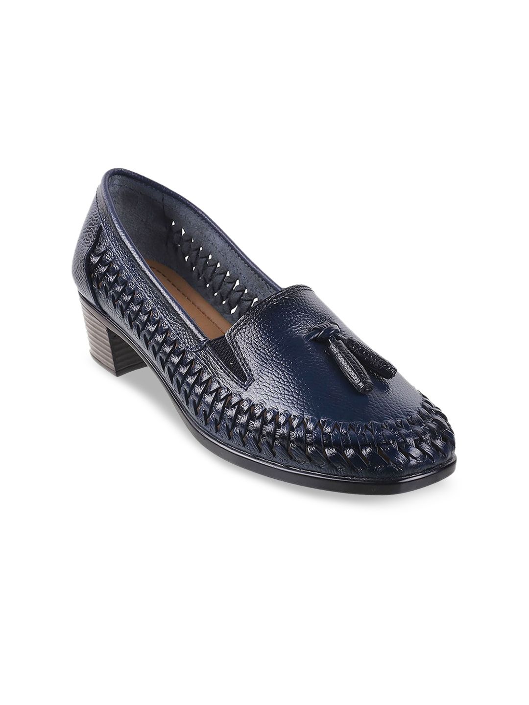 Mochi Blue Leather Block Pumps with Laser Cuts Price in India