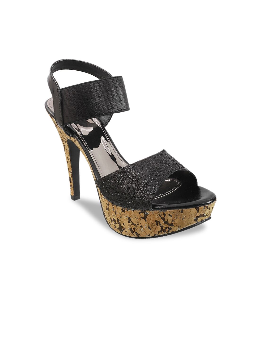 Mochi Black Printed Stiletto Sandals with Laser Cuts Price in India