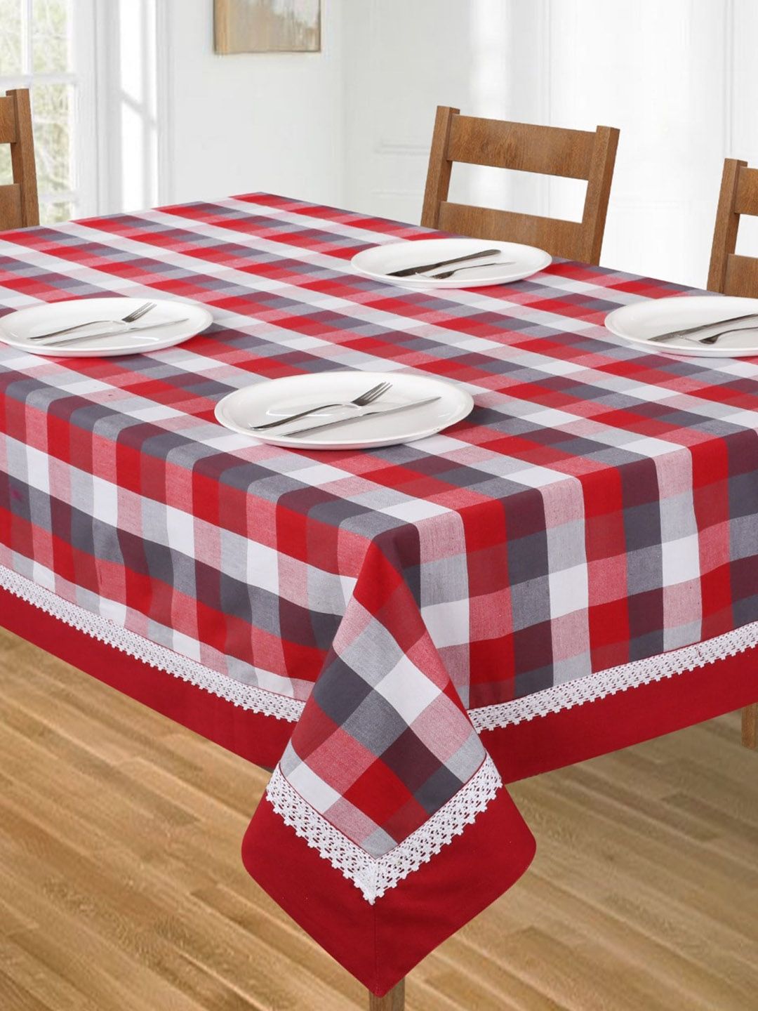 SHADES of LIFE Red & White Checked Cotton 6-Seater Table Cover Price in India