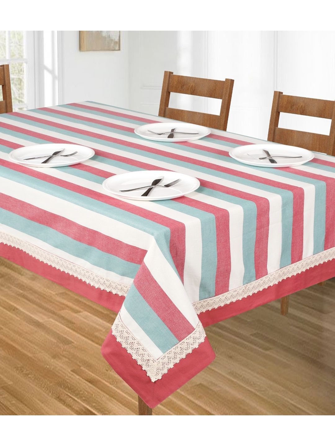 SHADES of LIFE Pink & Blue Striped Cotton Table Cover Price in India